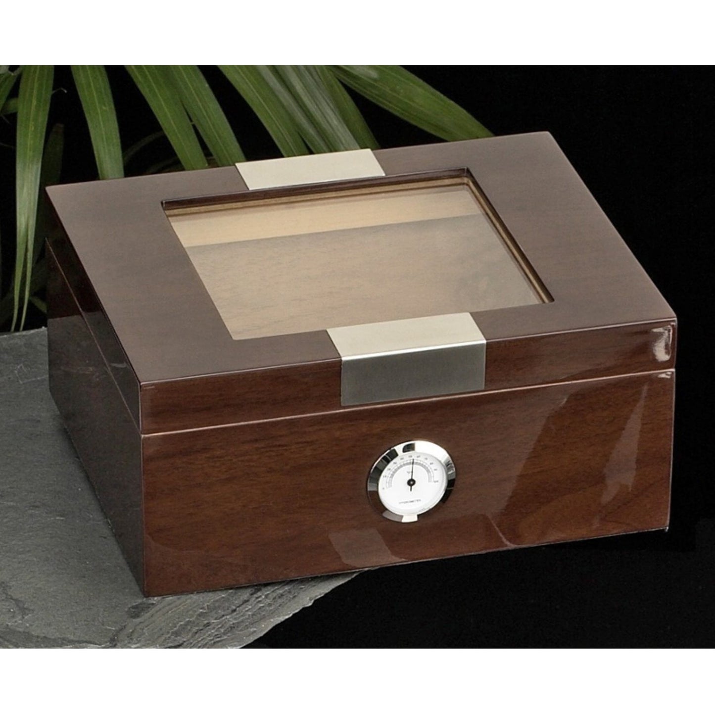 Bey-Berk International C411 Lacquered Cigar Humidor with Spanish Cedar Lining & Glass See-thru Lid - Walnut Wood