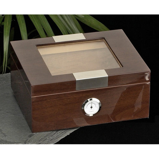 Bey-Berk International C411 Lacquered Cigar Humidor with Spanish Cedar Lining & Glass See-thru Lid - Walnut Wood
