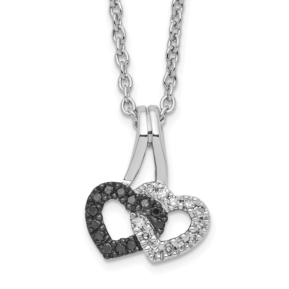 White Night Sterling Silver Rhodium-plated Black and White Diamond Double Heart 18 Inch Necklace with 2 Inch Extender 18 Inches