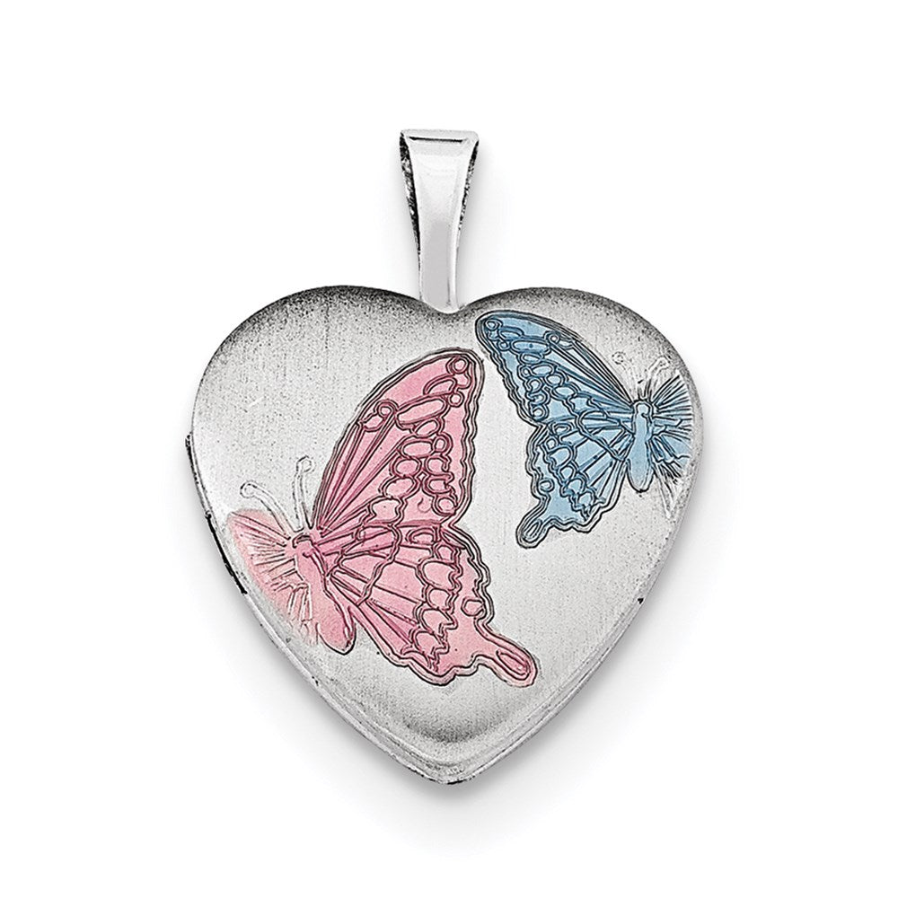 Sterling Silver RH-plated 16mm Satin Enamel Butterfly Heart Locket Necklace 18 Inches
