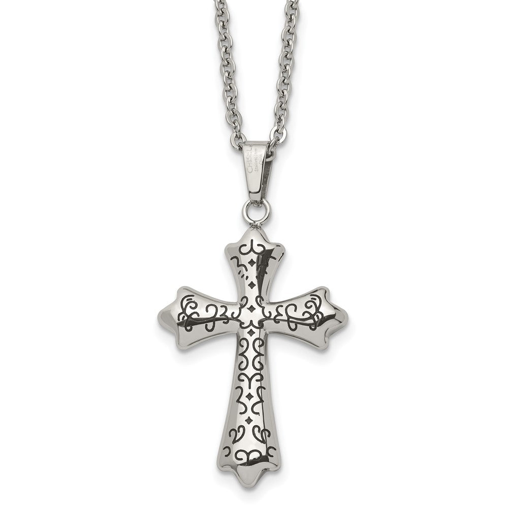 Stainless Steel Antiqued and Polished Cross 20in Necklace