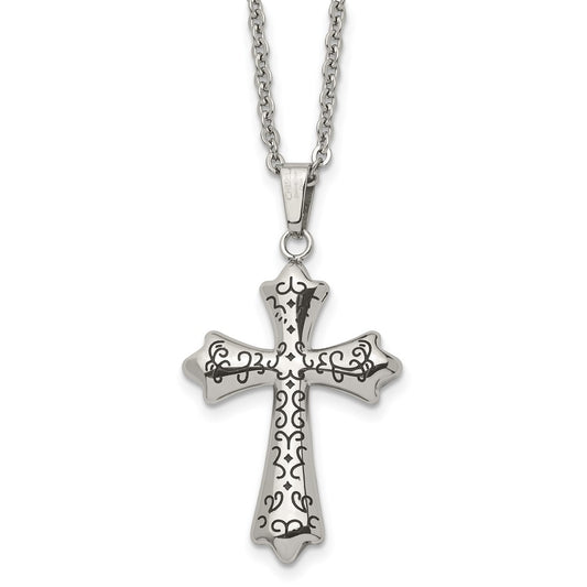 Stainless Steel Antiqued and Polished Cross 20in Necklace