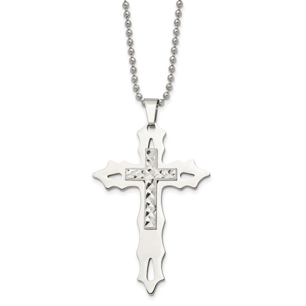 Stainless Steel Polished w/Sterling Silver Inlay Cross 20in Necklace