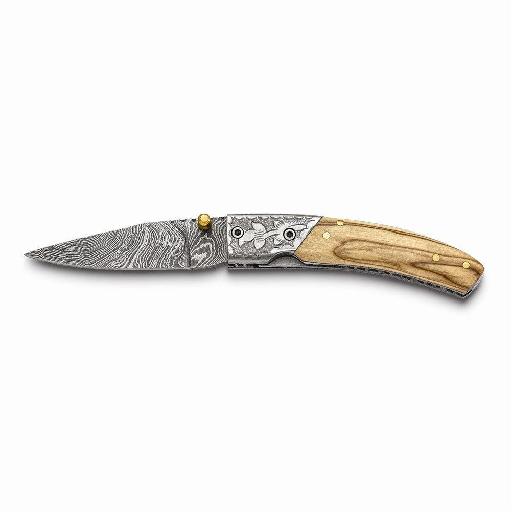 Luxury Giftware Damascus Steel 256 Layer Folding Blade Olive Wood Handle Knife with Leather Sheath and Wooden Gift Box