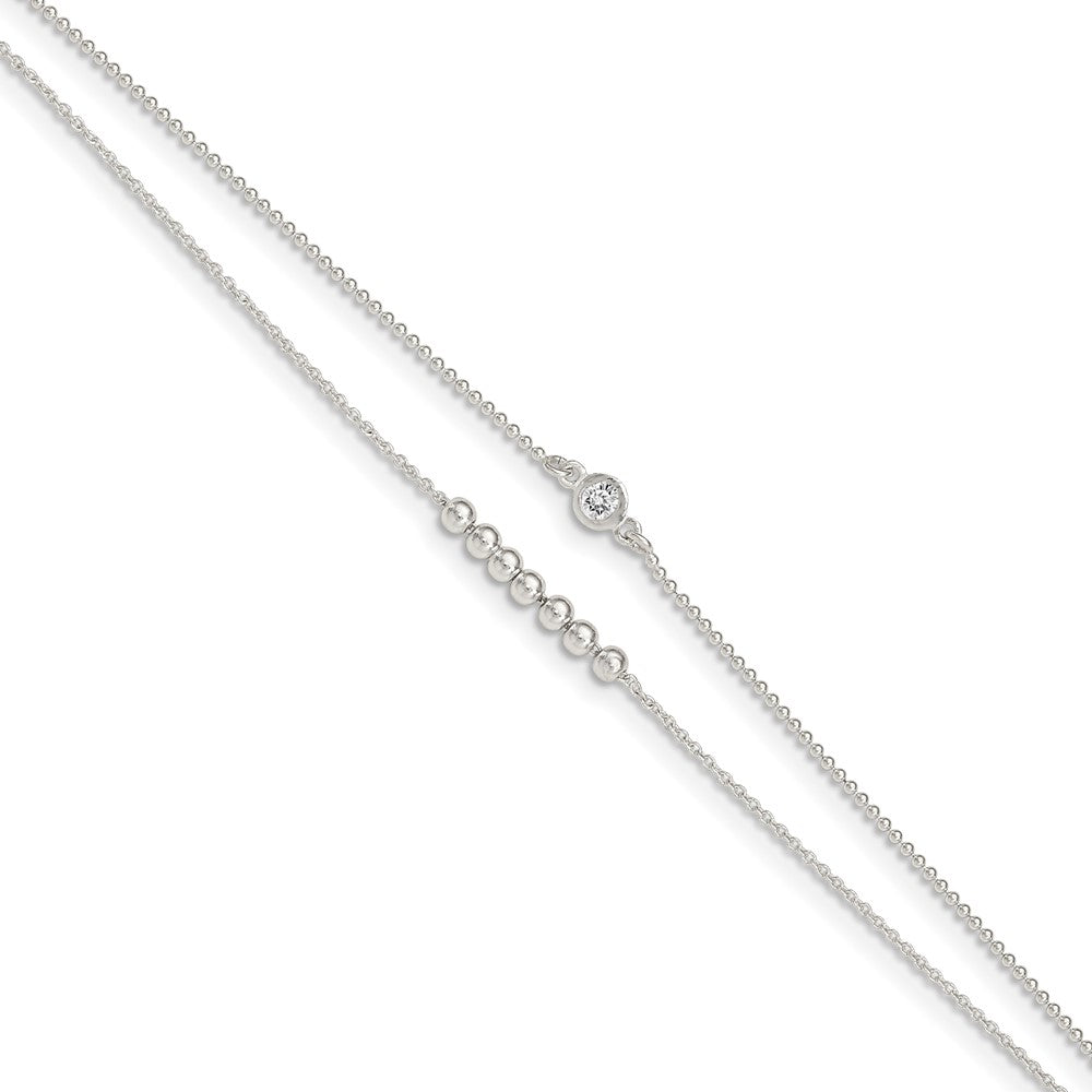Sterling Silver 2-Strand Beaded CZ 9in Plus 1in Ext. Anklet 9 inches