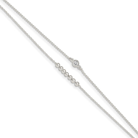 Sterling Silver 2-Strand Beaded CZ 9in Plus 1in Ext. Anklet 9 inches