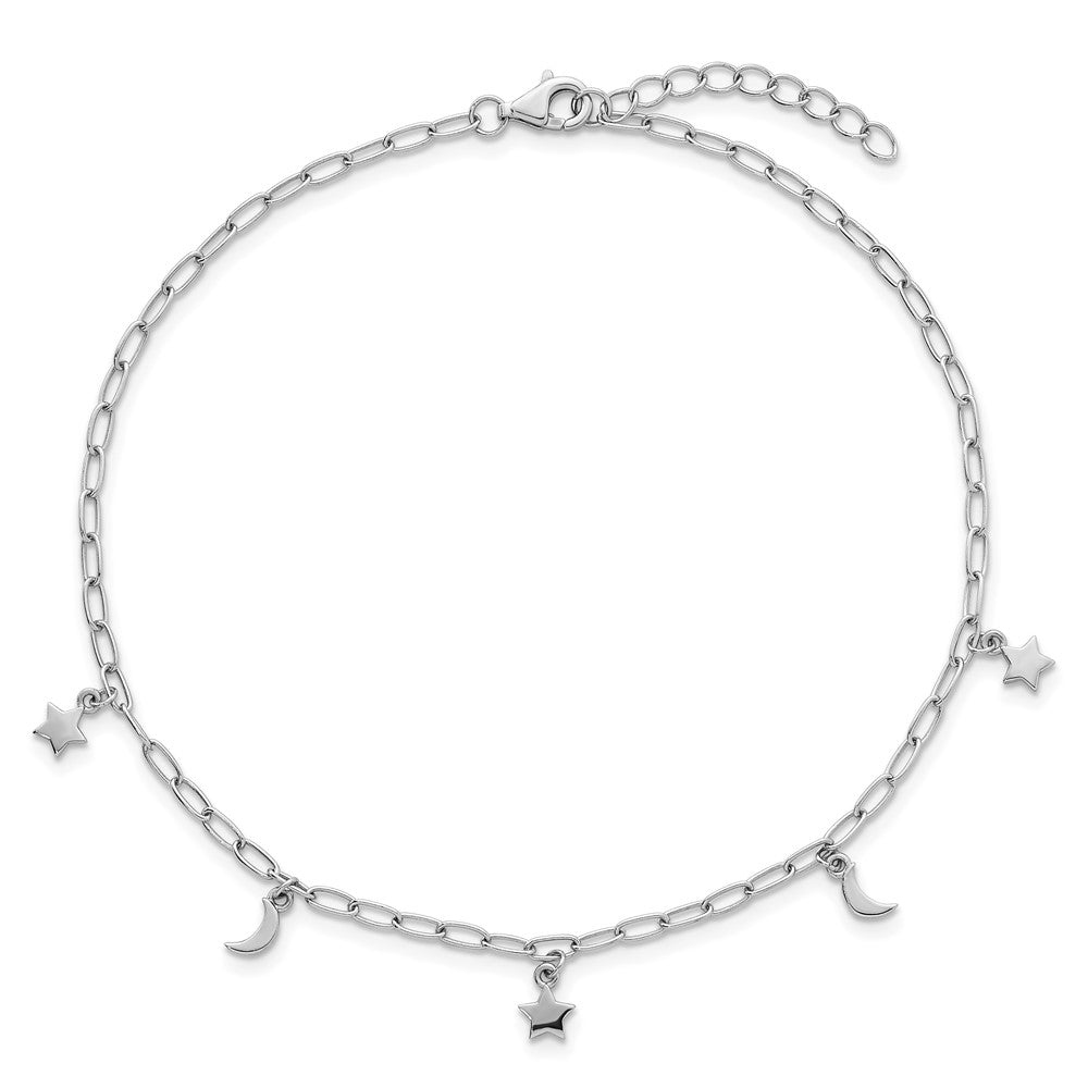 Sterling Silver Rhodium-plated Polished Moon and Star Dangles 9 Inch with 1 Inch Extension Anklet