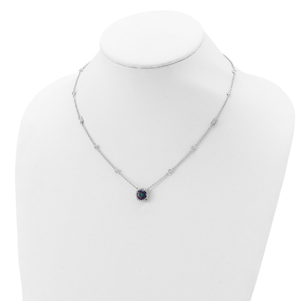 Sterling Silver RH-plated Dark Mystic CZ Halo Pendant on 10-Station Necklac 18 Inches