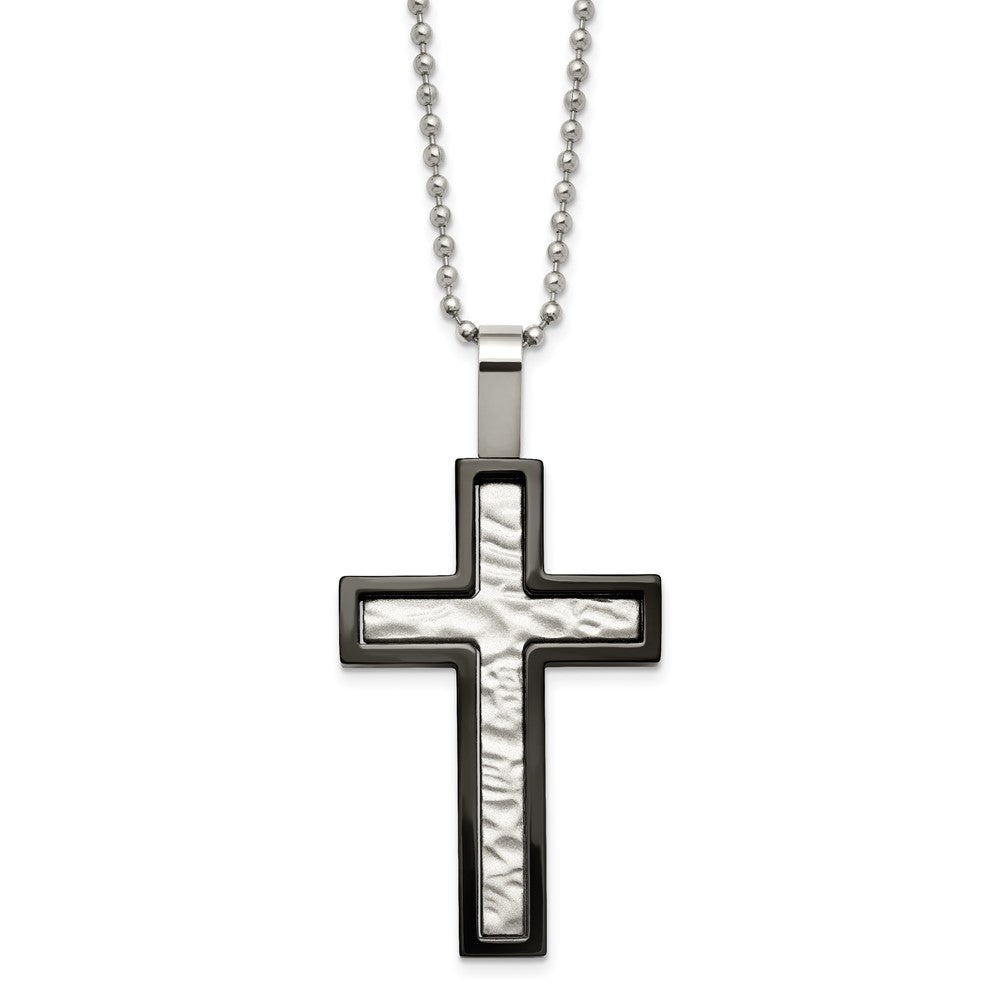 Stainless Steel Brushed and Polished Hammered Black IP Cross Necklace