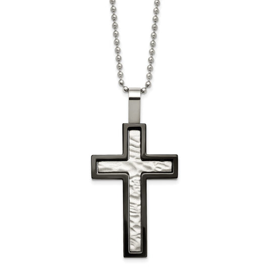 Stainless Steel Brushed and Polished Hammered Black IP Cross Necklace