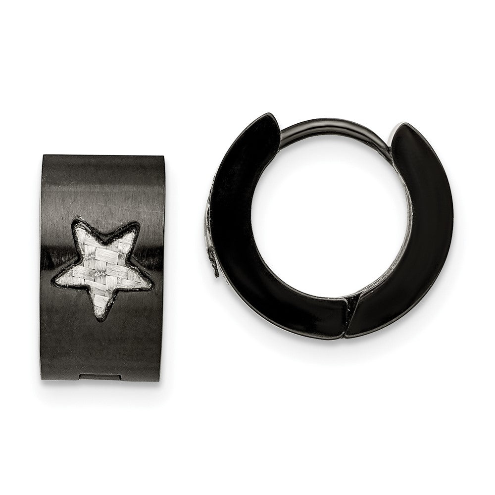 Stainless Steel Brushed Black IP CarbonFiber Star Hinged Hoop Earrings