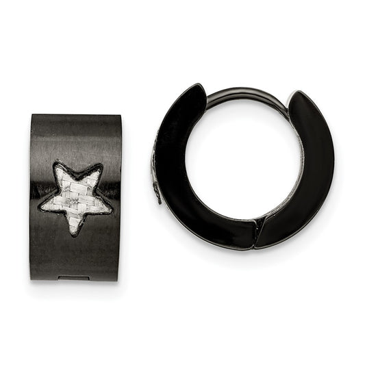 Stainless Steel Brushed Black IP CarbonFiber Star Hinged Hoop Earrings
