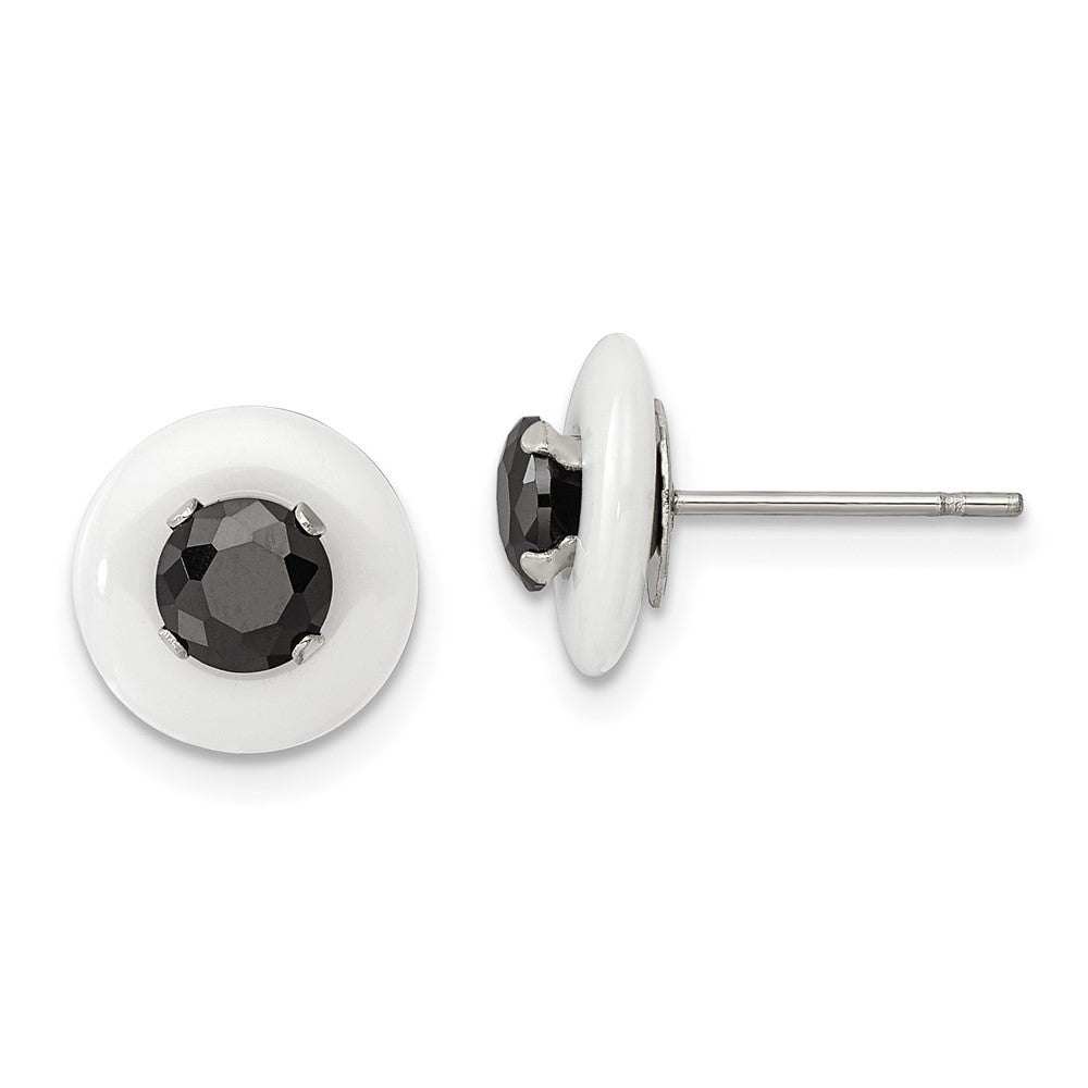Stainless Steel Polished White Ceramic w/Black CZ Post Earrings