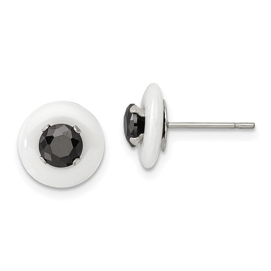 Stainless Steel Polished White Ceramic w/Black CZ Post Earrings
