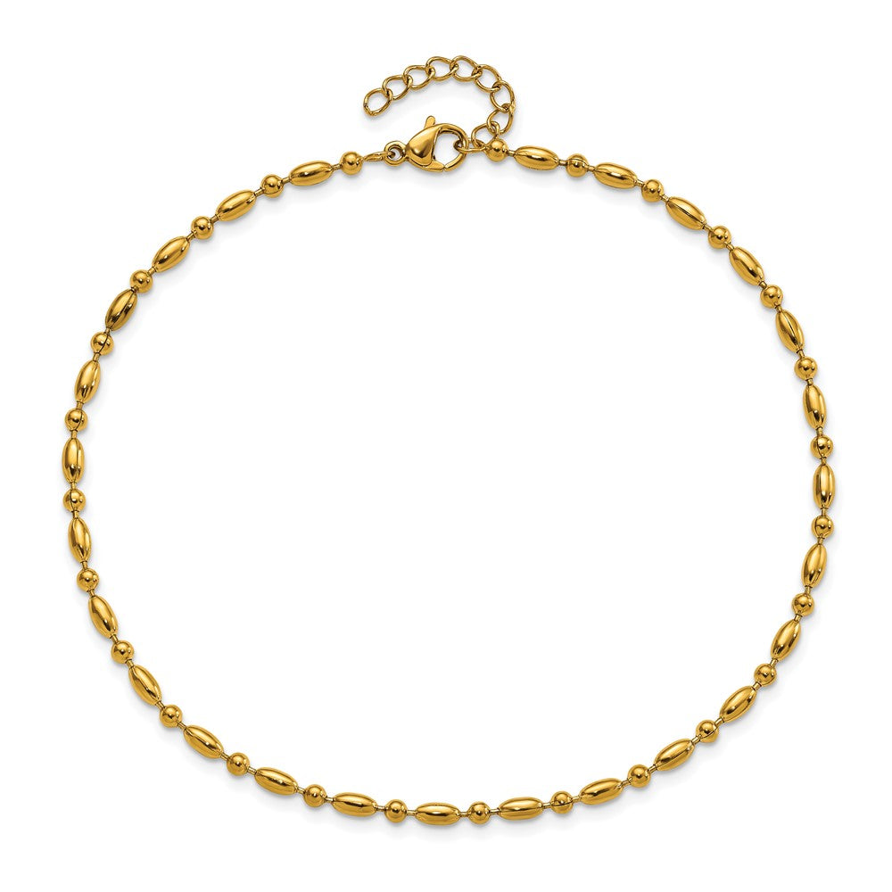 Stainless Steel Polished Yellow IP Fancy Beaded 9.5in Plus 1in ext. Anklet