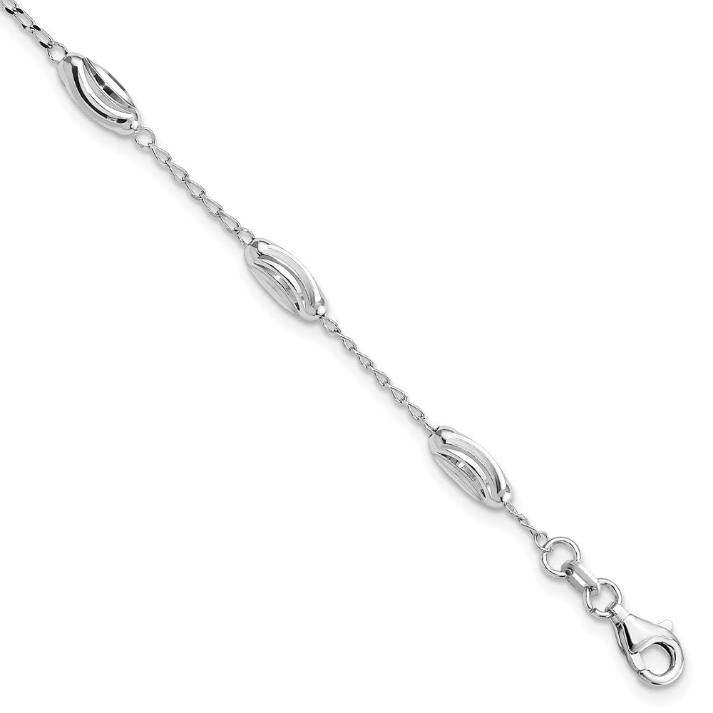 Sterling Silver Rhodium-plated Diamond-cut Oval Beads Bracelet 7 inches