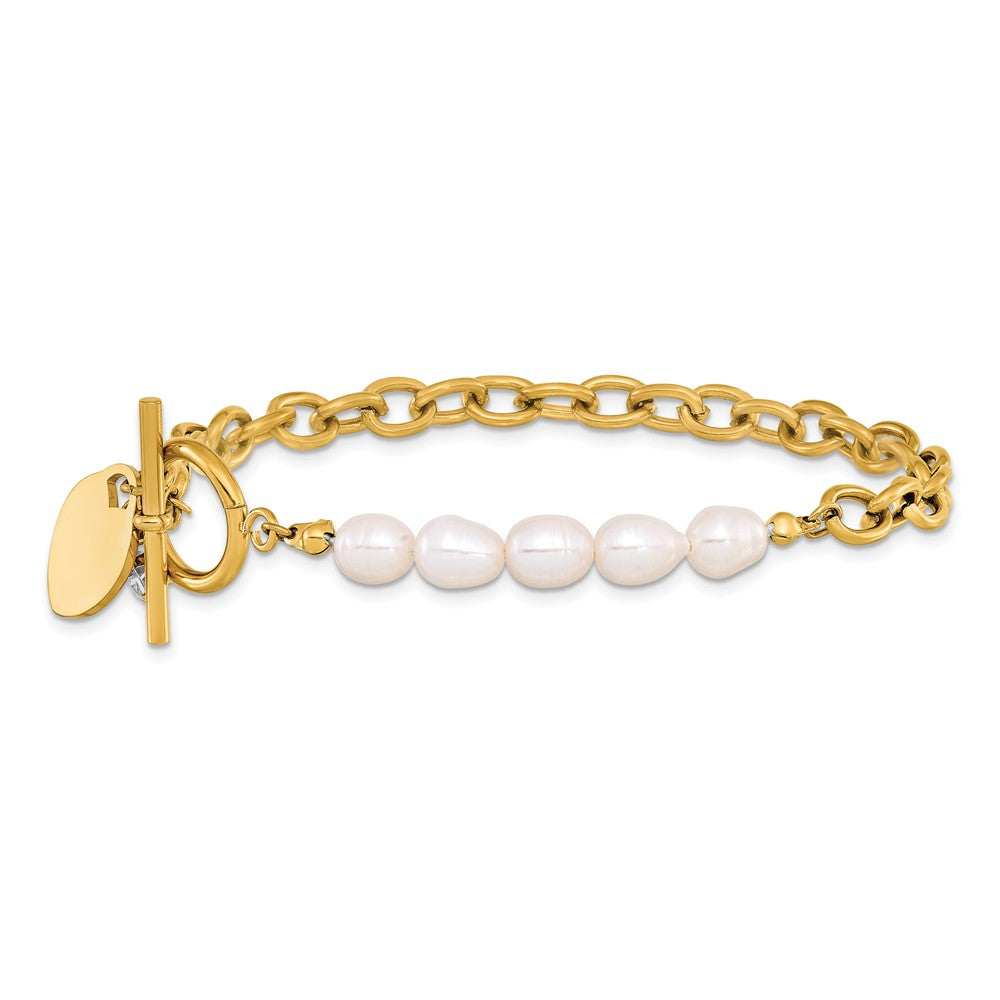 Chisel Stainless Steel Polished Yellow IP-plated with Half White Freshwater Cultured Pearl and CZ Heart Dangle 8.25 inch Bracelet 8.25 inches