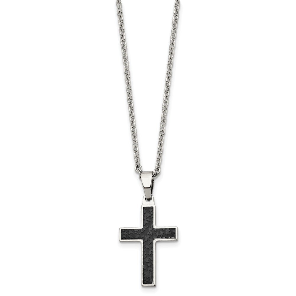 Stainless Steel Polished and Textured Black IP-plated Cross 24in Necklace