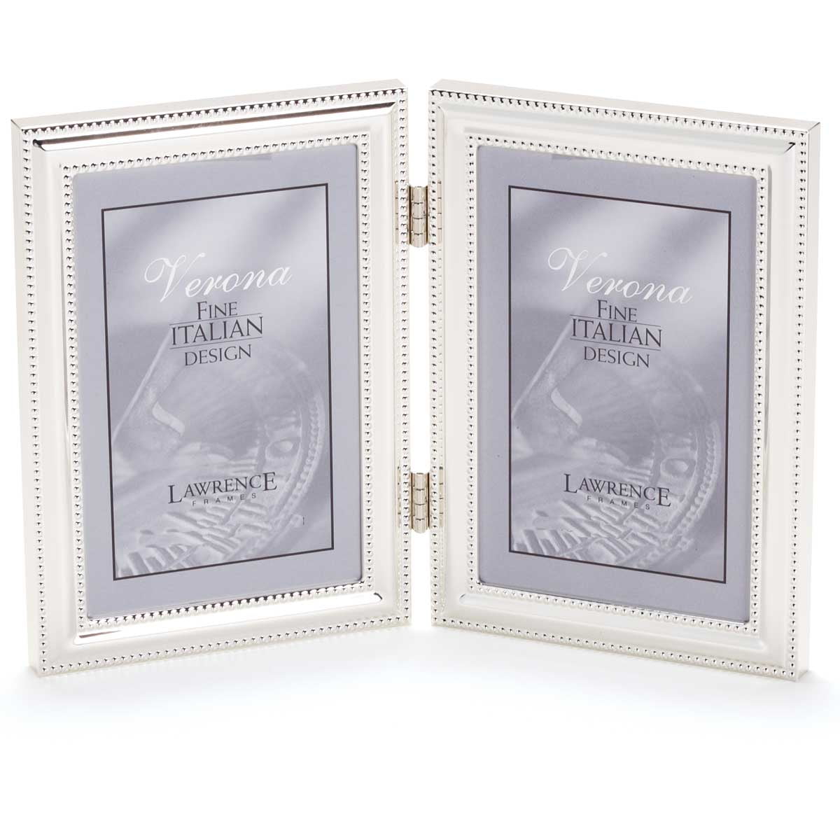 Lawrence Frames 5x7 Hinged Double (Vertical) Metal Picture Frame Silver-Plate with Delicate Beading