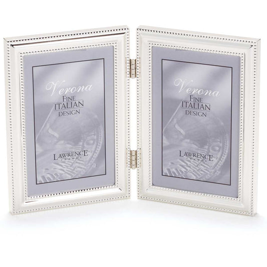Lawrence Frames 5x7 Hinged Double (Vertical) Metal Picture Frame Silver-Plate with Delicate Beading