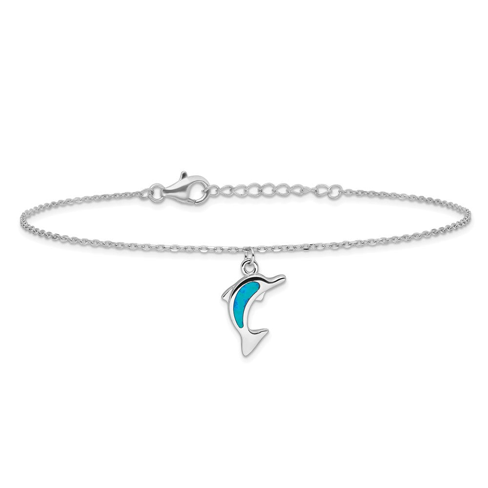 Sterling Silver Rhodium-plated Created Opal Dolphin 9 inch with an 1 inch extention Anklet 9 inches