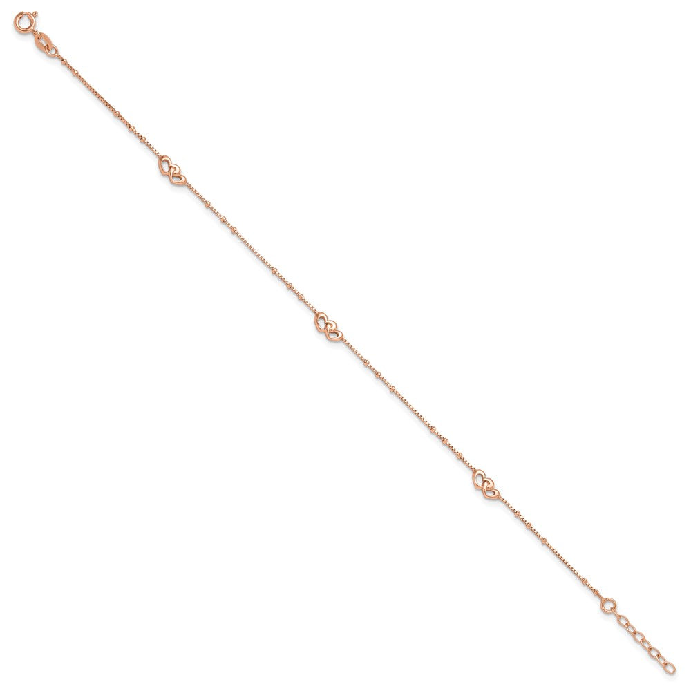 Sterling Silver Rose-tone Polished Hearts 9in Plus 1in Ext Anklet 9 inches
