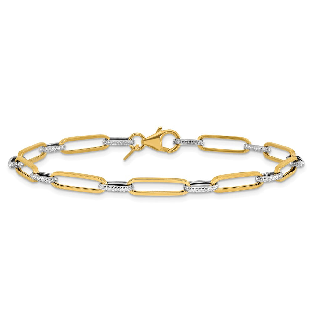 14K w/White Rhod Polished/Textured Fancy Link Bracelet 7.5  inches