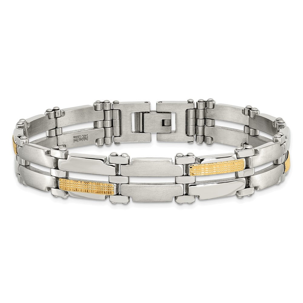 Stainless Steel  with 14k Accent 8.5in Brushed and Polished Link Bracelet 8.5 inches