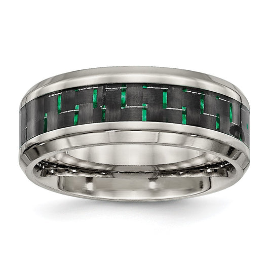 Titanium Polished with Black/Green Carbon Fiber Inlay 8mm Ring Size - 11