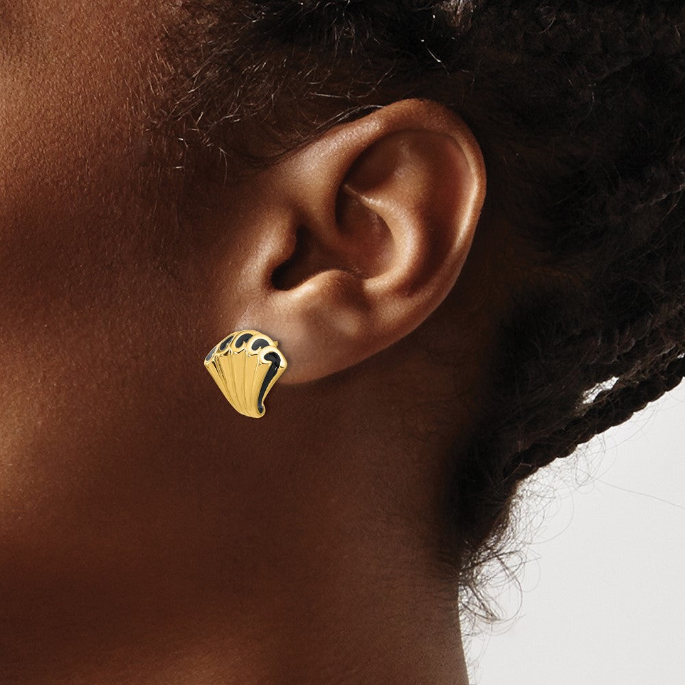 14K Gold with Black Enamel Polished Fancy Post Earrings
