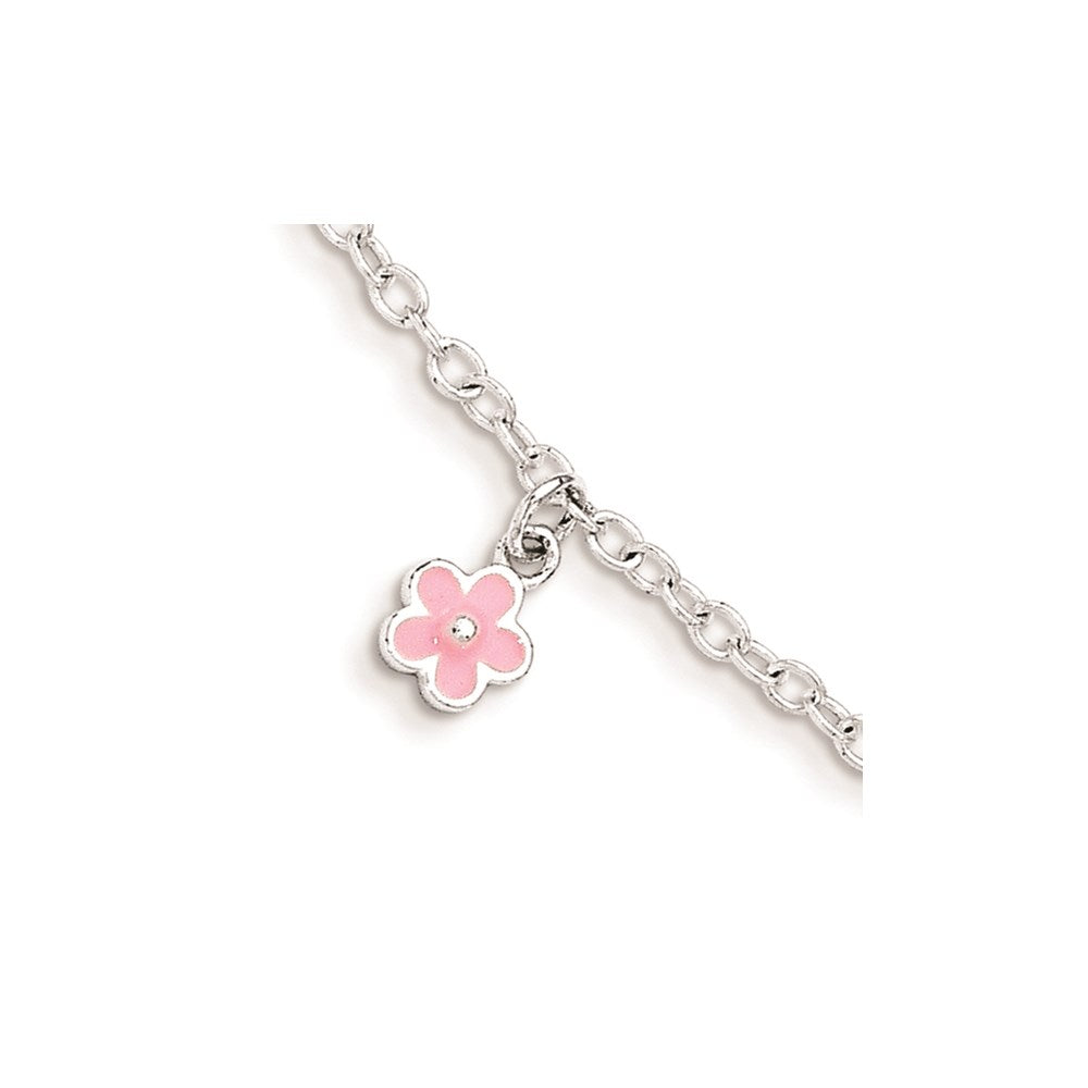 Sterling Silver Polished Pink Enamel Flowers w/1.5in Ext Children's Bracele 7 inches