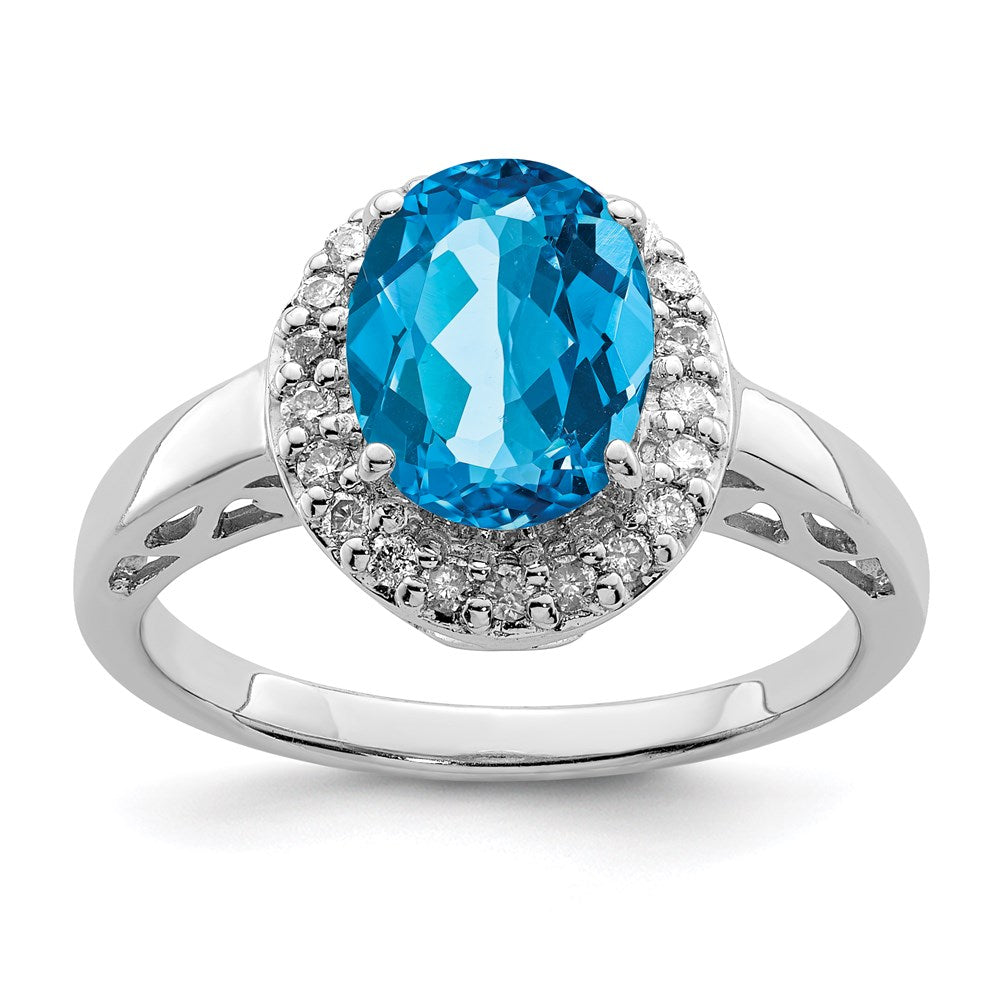Sterling Silver Rhodium Oval Blue Topaz & Diam. Ring
