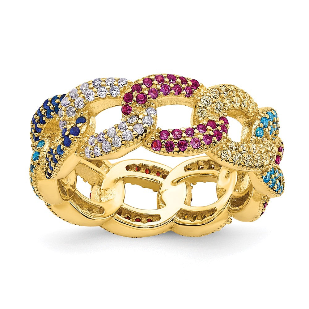 Prizma Sterling Silver Gold-tone 14K Flash Gold-plated Colorful CZ Cuban Link Ring