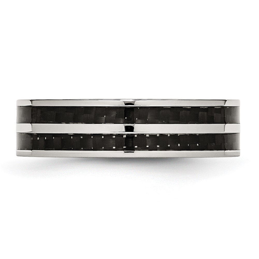 Stainless Steel Polished Double Row Black Carbon Fiber Inlay 6mm Band Size - 11.5