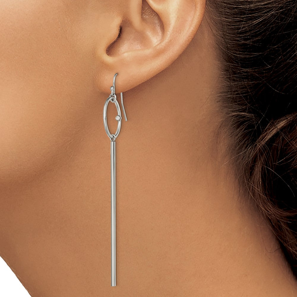 Stainless Steel Polished Circle with Crystal Accent Bar Dangle Earrings