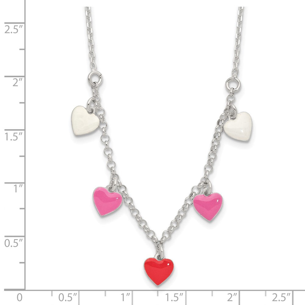Sterling Silver Polished Pink/Red/White Enamel Heart Children's Necklace 14 Inches