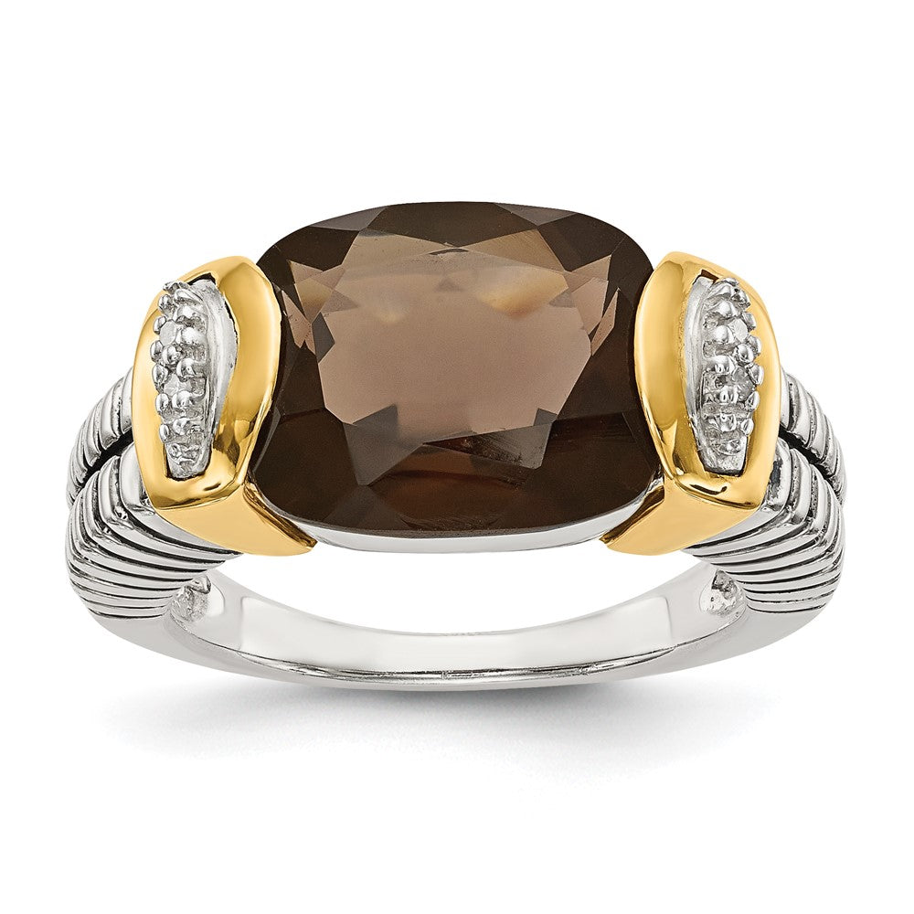 Shey Couture Sterling Silver with 14K Accent Antiqued Cushion Checkerboard Smoky Quartz and Diamond Ring