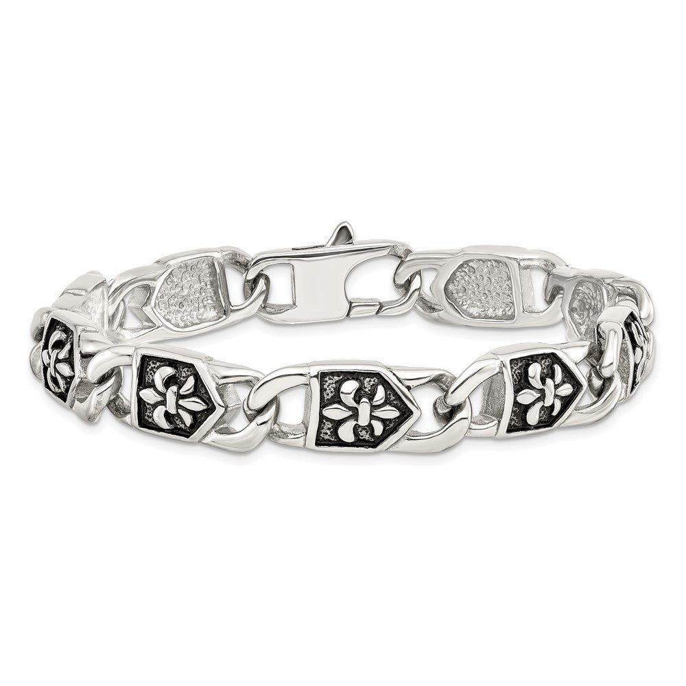 Stainless Steel Antiqued and Polished Fleur de Lis 8.75in Bracelet 8.75 inches