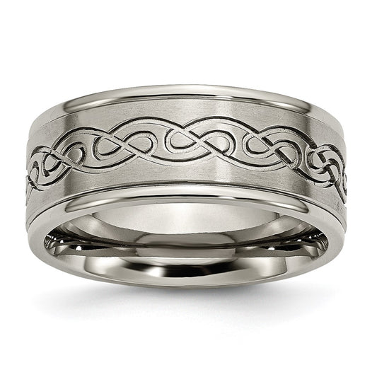 Titanium Brushed Center 9mm Scroll Design Band Size - 14