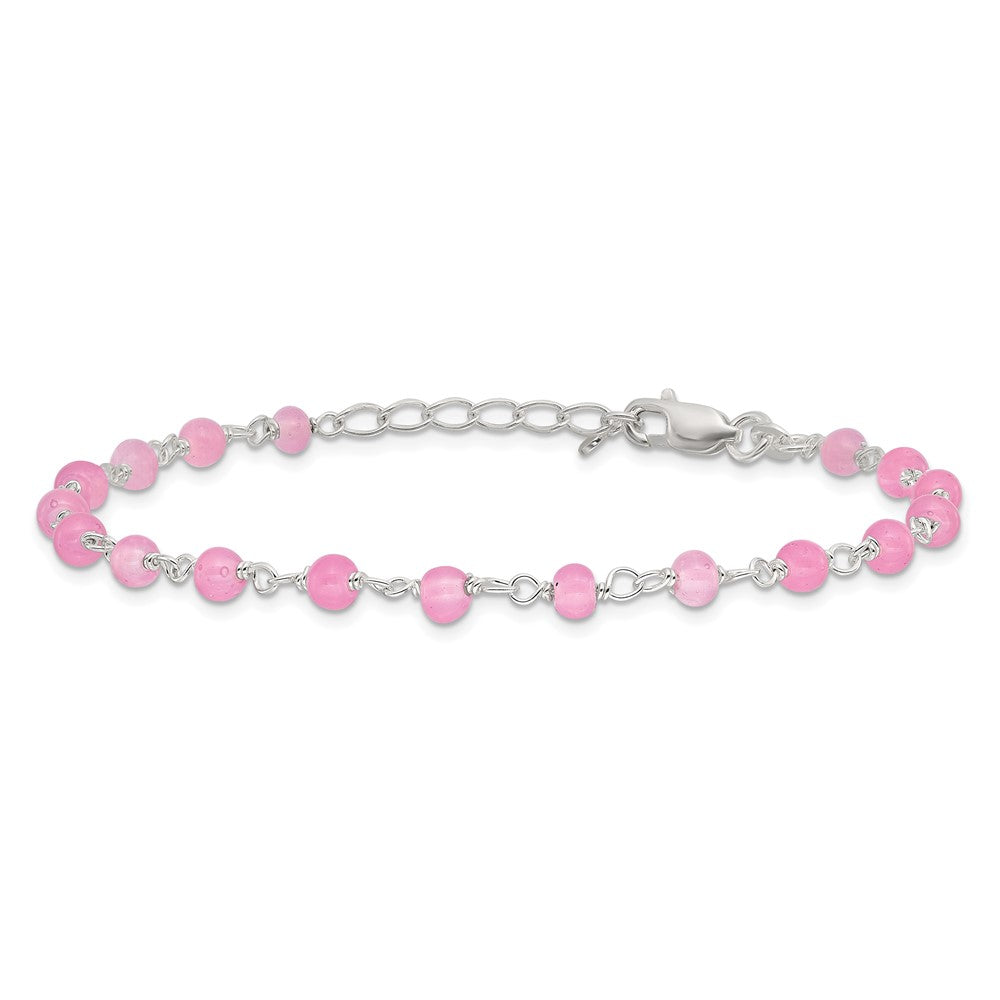 Sterling Silver Pink Glass Bead with Heart 8in Plus 1in ext Anklet 9 inches