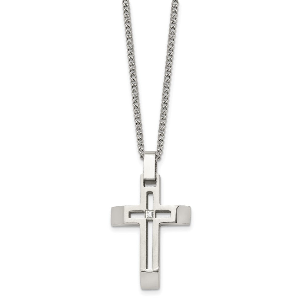 Stainless Steel Brushed and Polished Cross with CZ Necklace
