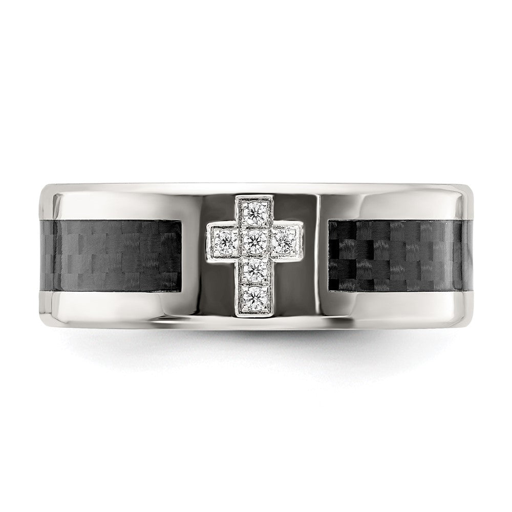 Stainless Steel Polished w/Black Carbon Fiber Inlay CZ Cross 8mm Band Size - 7