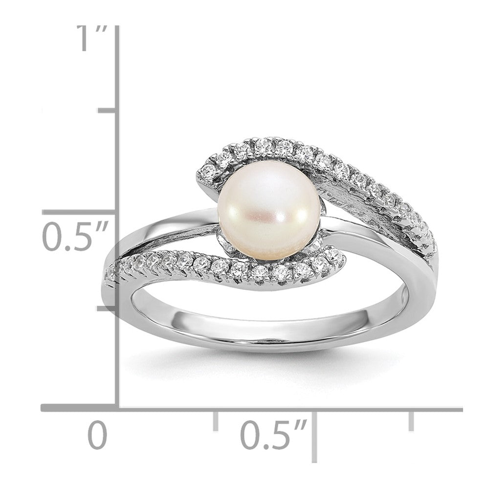 Sterling Silver Rhodium-plated Polished CZ and 6-7mm Freshwater Cultured Pearl Size 6 Ring