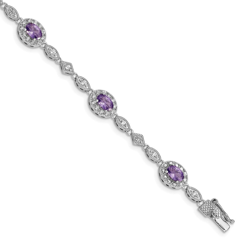 Sterling Silver Rhodium-plated Purple and Clear CZ Bracelet 7 inches