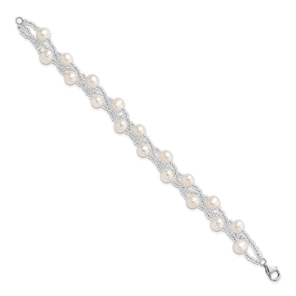 Sterling Silver Rhodium-plated 7-9mm White Semi-Round Freshwater Cultured Pearl and Glass Beaded Multi-strand 7.5 inch Bracelet 7.5 inches