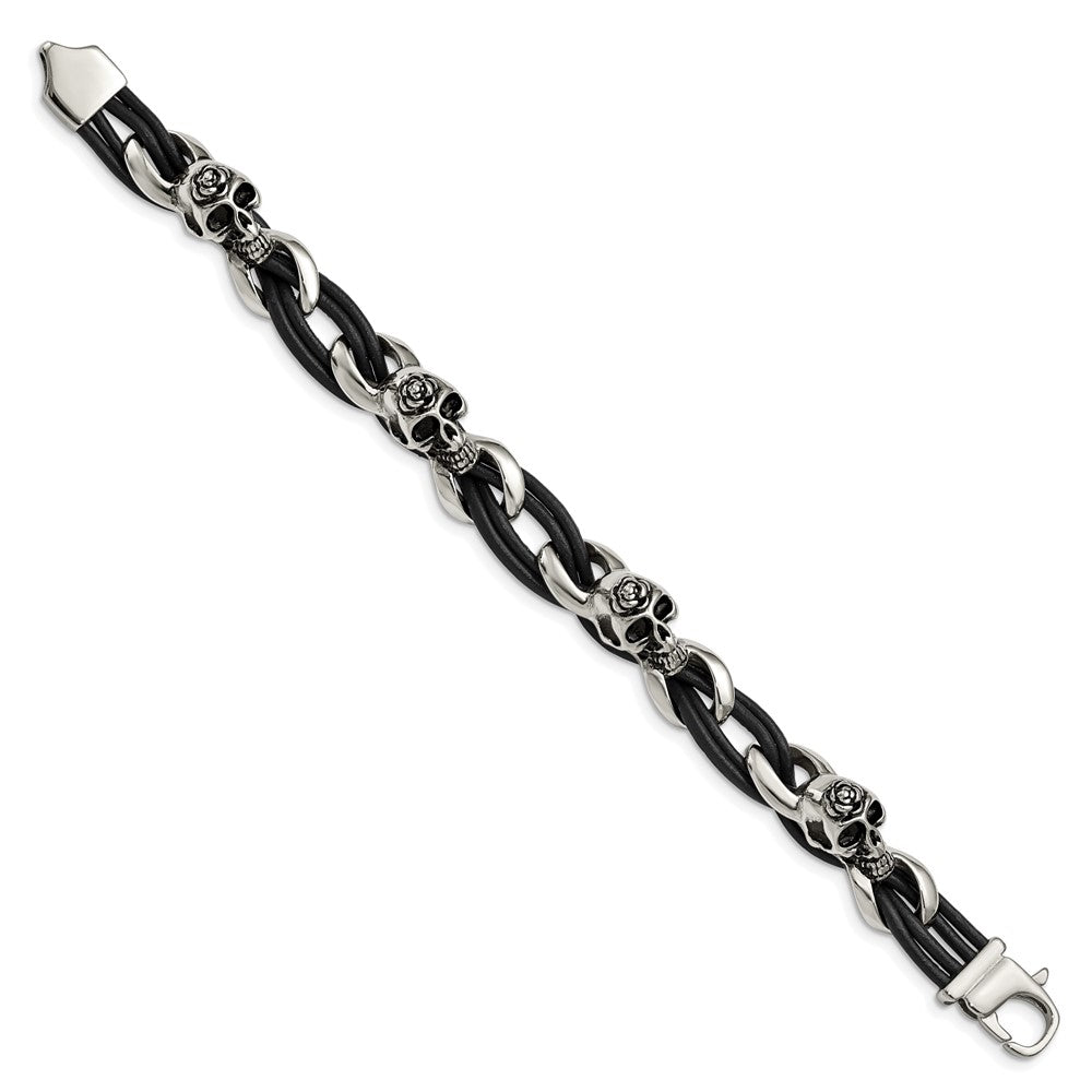 Stainless Steel Antiqued and Polished Skulls/Roses Black Leather Bracelet 8 inches