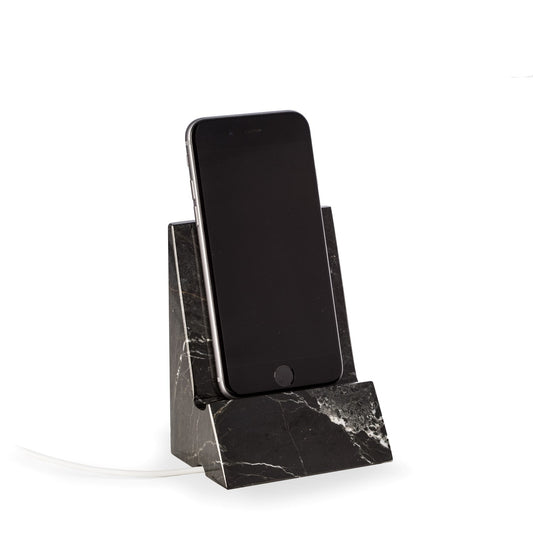 Black "Zebra" Marble Desktop Phone / Tablet Cradle with a Pass-thru Hole for Charging Cable.