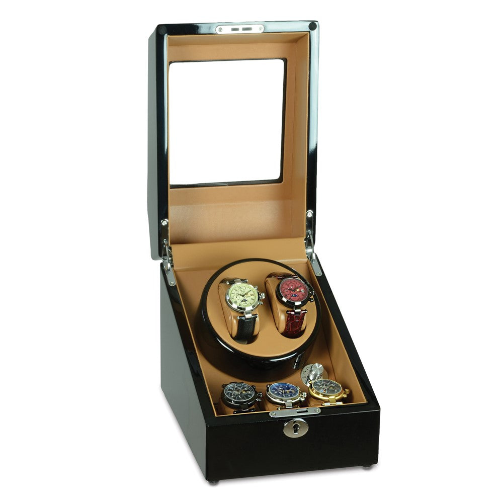 Steinhausen High Gloss Heritage Onyx Finish Leatherette Lined Locking 2-Watch Winder with 3-Watch Storage (AC or Batteries) QGM20220