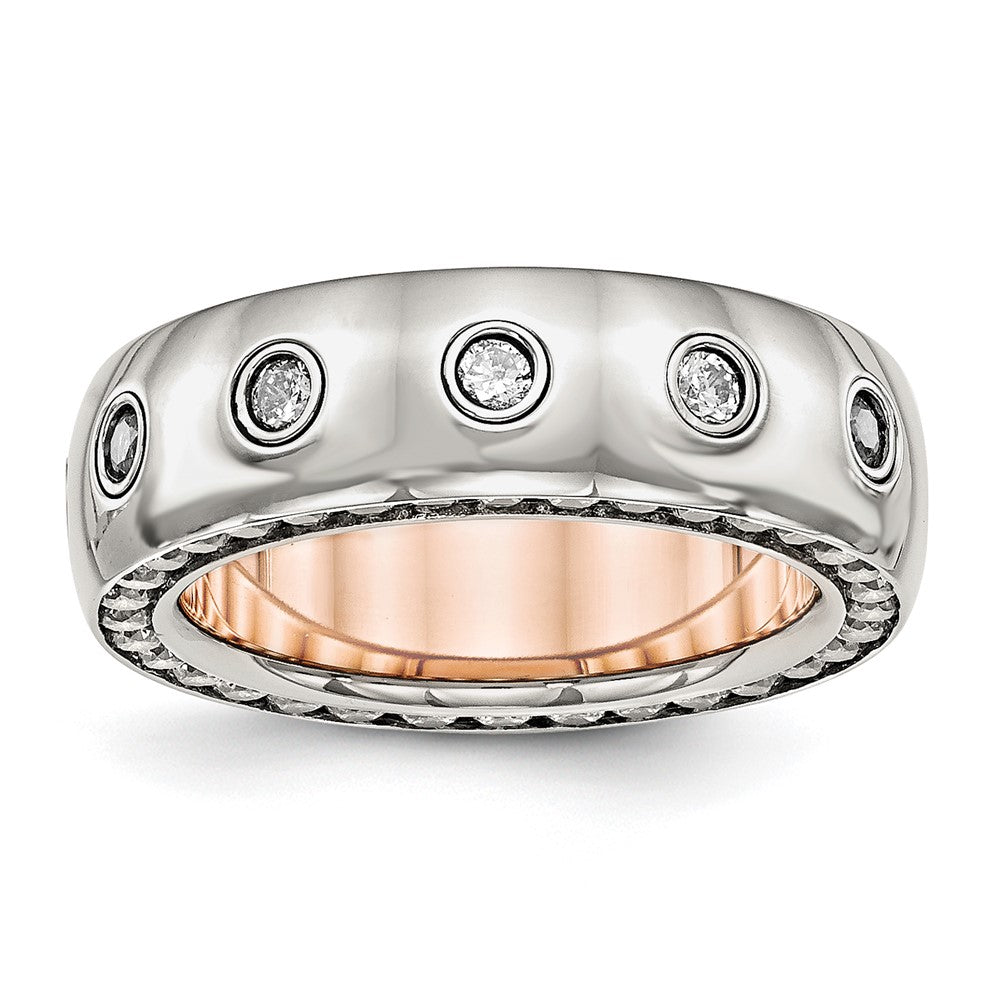 Stainless Steel Polished Rose IP-plated Inside w/CZ Half Round 7mm Band Size - 7