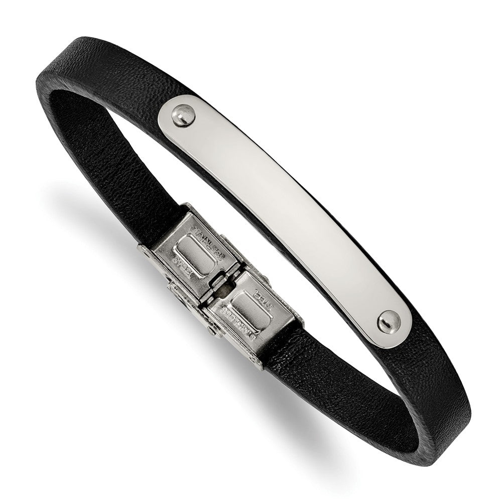 Stainless Steel Polished Leather 8.5in ID Bracelet 8.5 inches